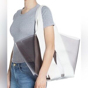 Rebecca minkoff pvc fabric tote with pouch in smoke n white